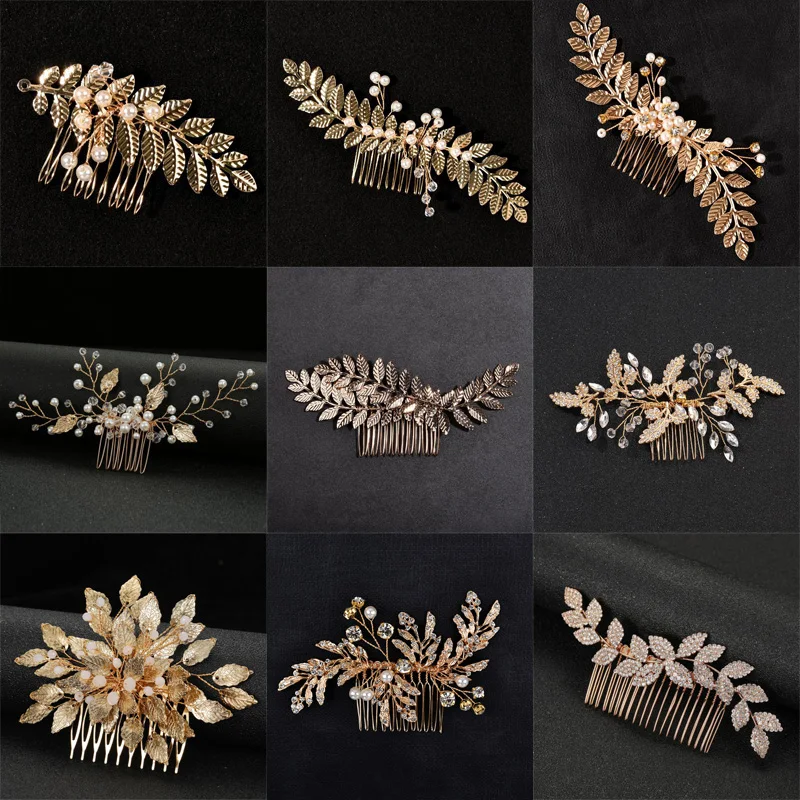 Cor do ouro Folha Pentes de Cabelo para Mulheres, Strass Pérola Tiaras, Casamento Headpiece, Nupcial Acessórios Jóias