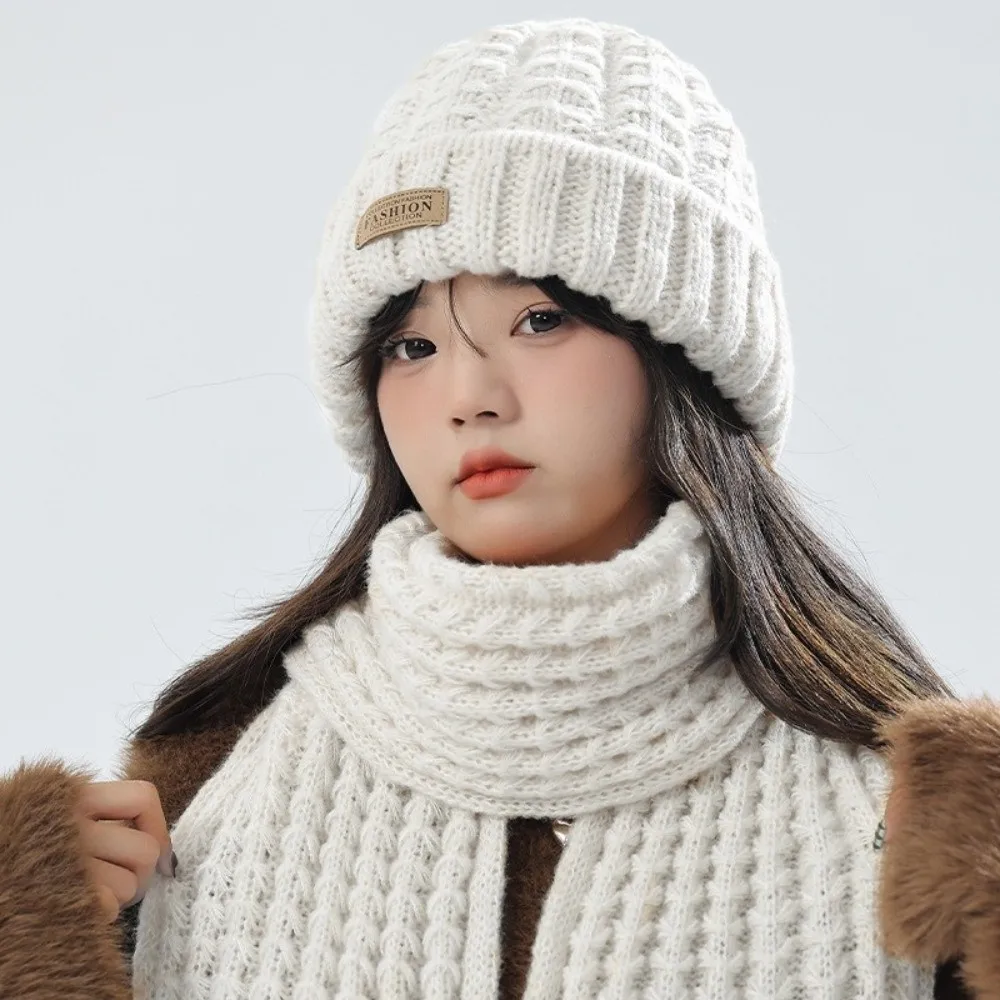 

2Pcs Trendy Windproof Knitted Hat Scarf Korean Style Thicken Neck Guard Hat Set Plush Soft Warm Scarf Outdoor