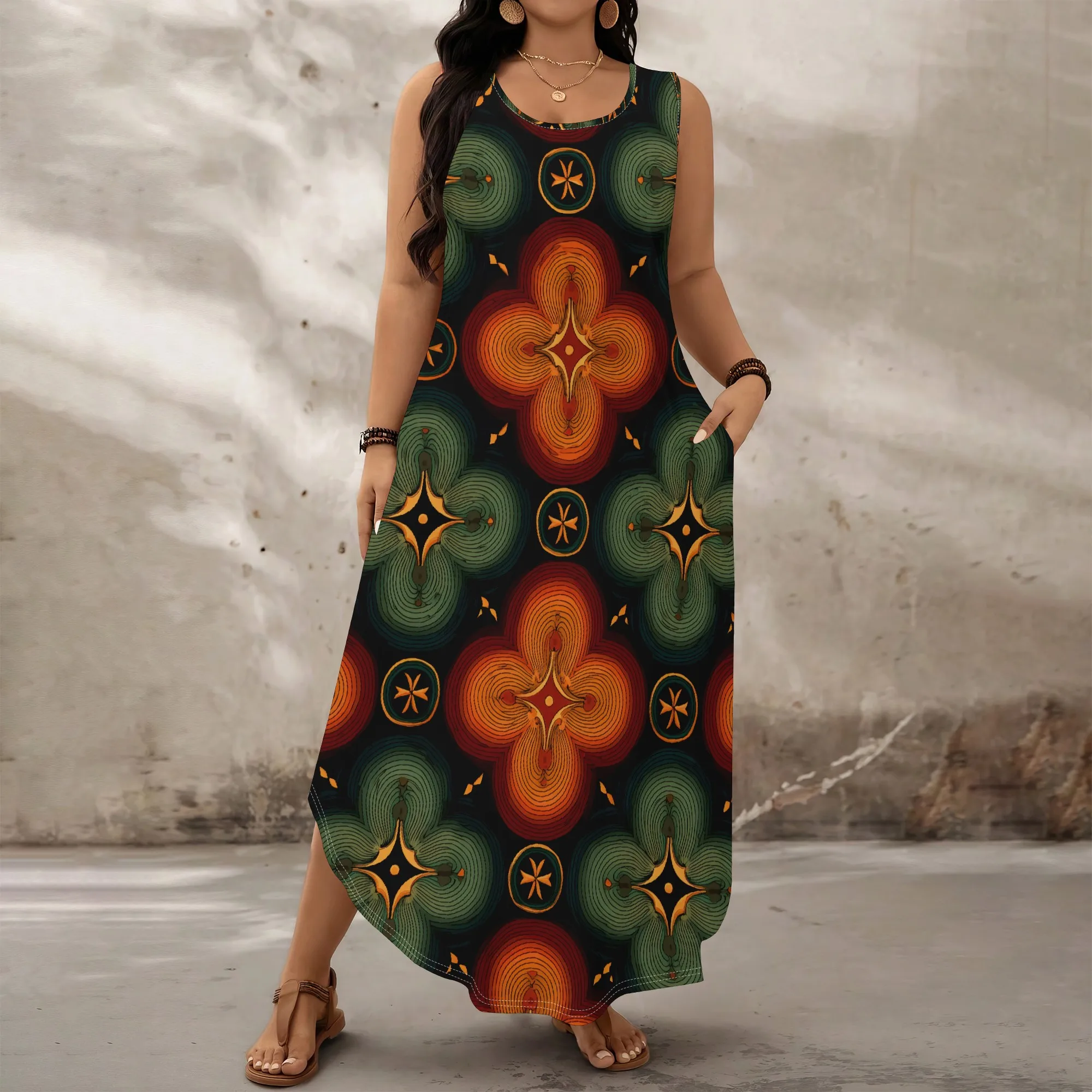 

Plus Size African Tribal Print Women's Sleeveless Maxi Dress with Pockets Sharkbite Hem for Kwanzaa Party XL-6XL