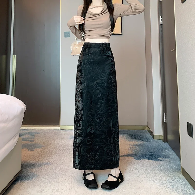 2024 Autumn Winter New Retro Pu Leather Midi Long Skirt Straight Split Skirt Goth