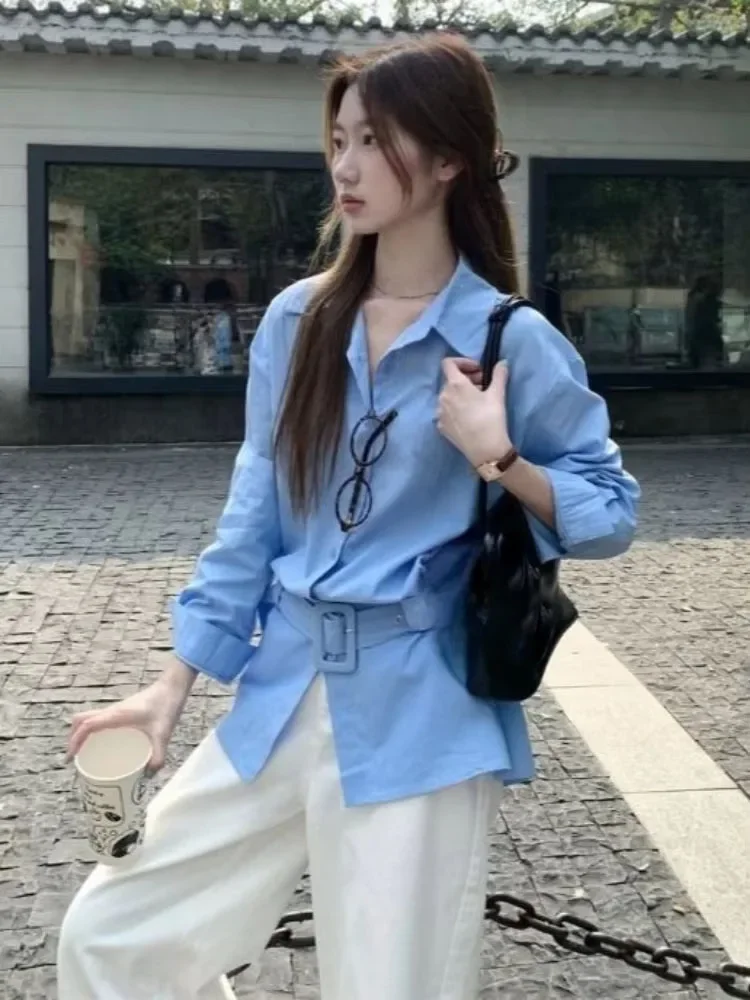 مكتب سيدة بلوزة بيضاء 2025 الملابس النسائية kamas De Mujer رفض طوق قمصان طويلة الأكمام خمر الخريف حزام البلوزات