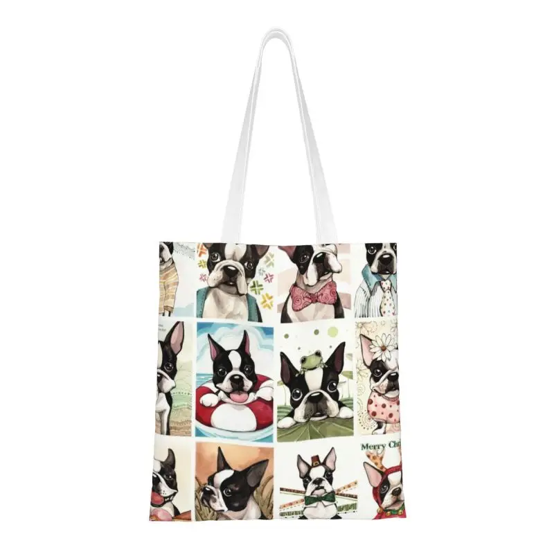 

Custom Boston Terrier Cute Dog Pattern Canvas Shopping Bag Women Recycling Groceries Tote Shopper Bags