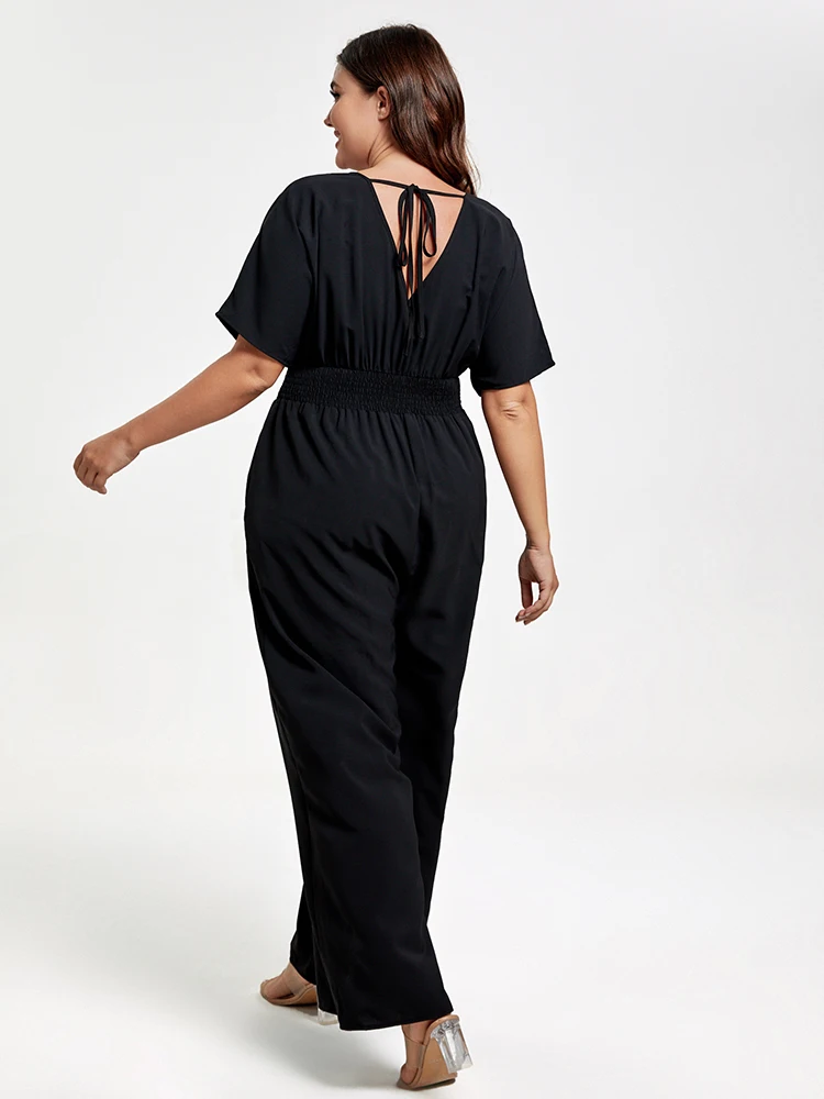 Plus Sized Clothing Waist Dolman Sleeve Jumpsuit with Pockets Women Casual  Shirred Wide Leg Pants Rompers Office Jumpsuit