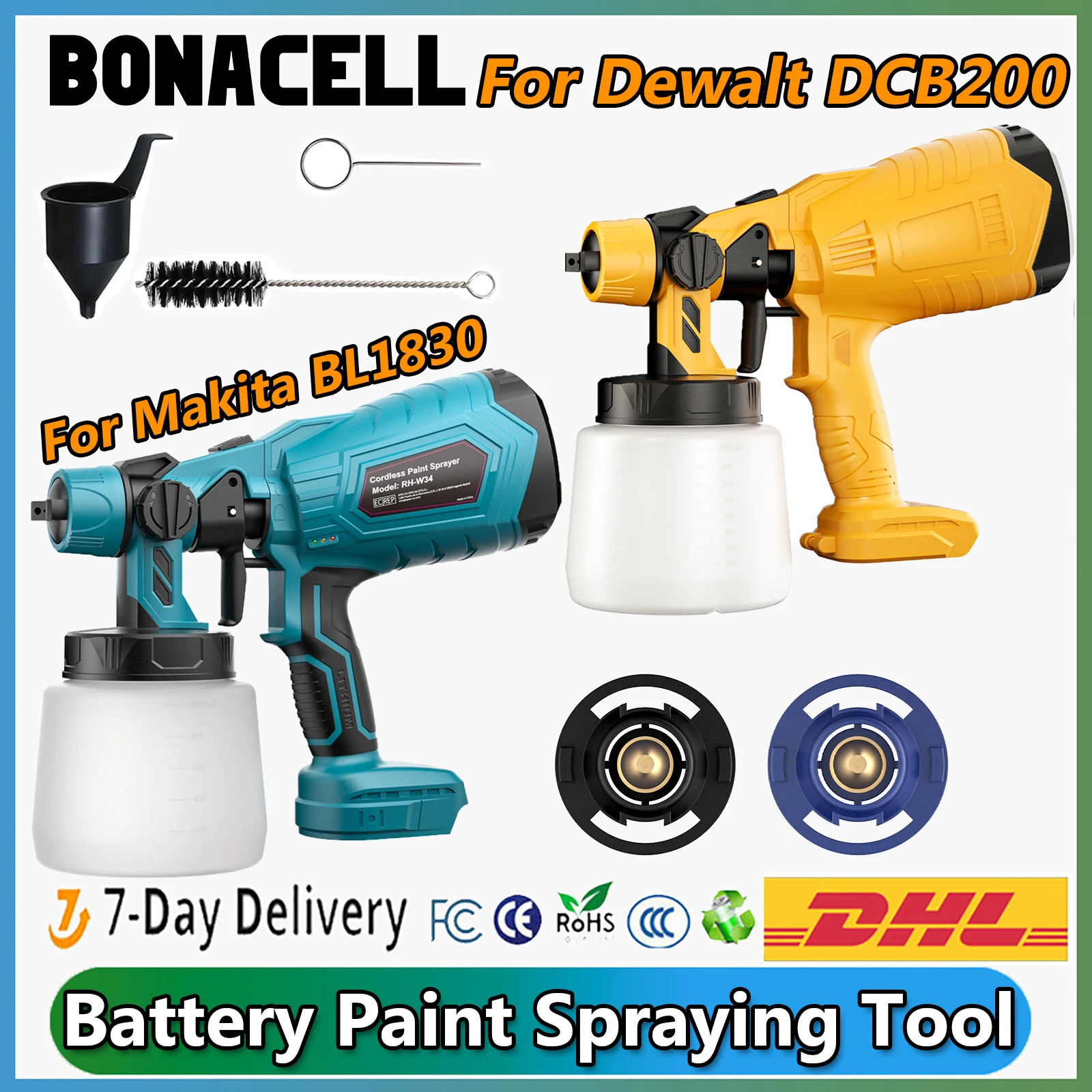 Bonacell-pulverizador de pintura inalámbrico, herramienta Compatible con Dewalt para batería Makita, pulverización de pintura BL1830 DCB200, herramienta eléctrica de batería