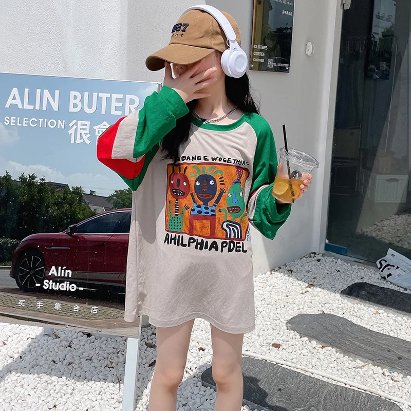 

Girls' Autumn T-shirt Skirt All-match Cartoon Western Style Big Children's Long Sleeve Color-blocking Top Children's Middle