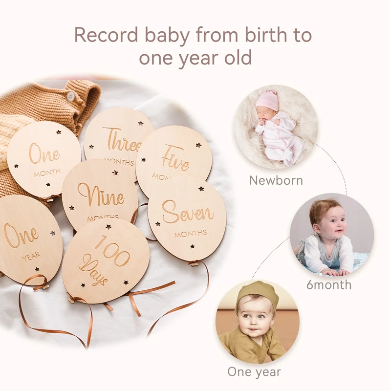 7PCS Newborn Wooden Balloon Milestone English 1-12 Month Wooden Card Baby Milestone Photography Props Birthday Party Decoration