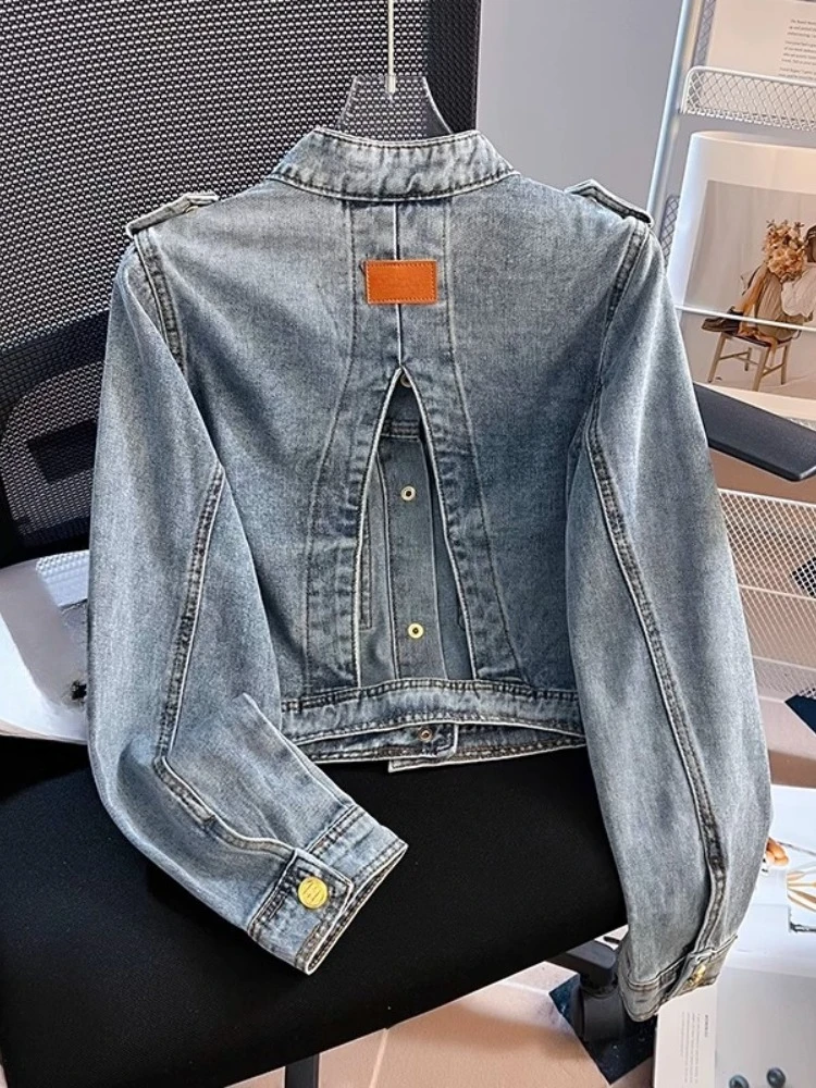 

Fashion Elegant Denim Coat Stand Neck Long Sleeve Hollow Out Pockets Design Short Jackets Female Slim 2025 New Women's Clothing