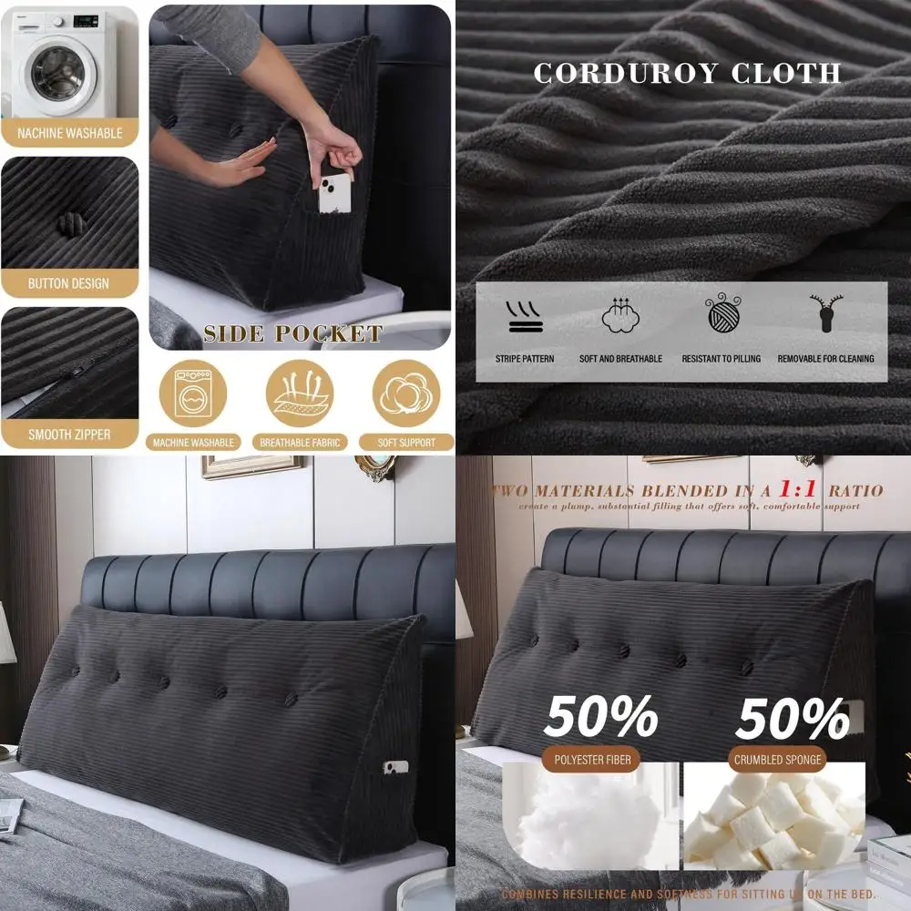 

Gray Corduroy Cover Bed Wedge Pillow for Full Dorm, Supportive Headboard for Reading and Relaxing, Washable, Polyester & Shredde