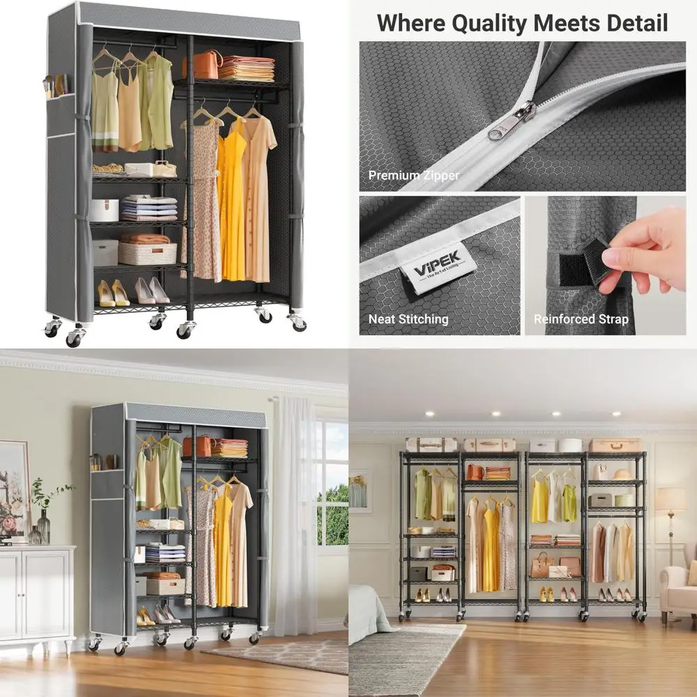 

6-Tier Adjustable Heavy Duty Portable Clothes Rack with Lockable Wheels, Black Metal, Rolling Garment Storage for Home and Busin