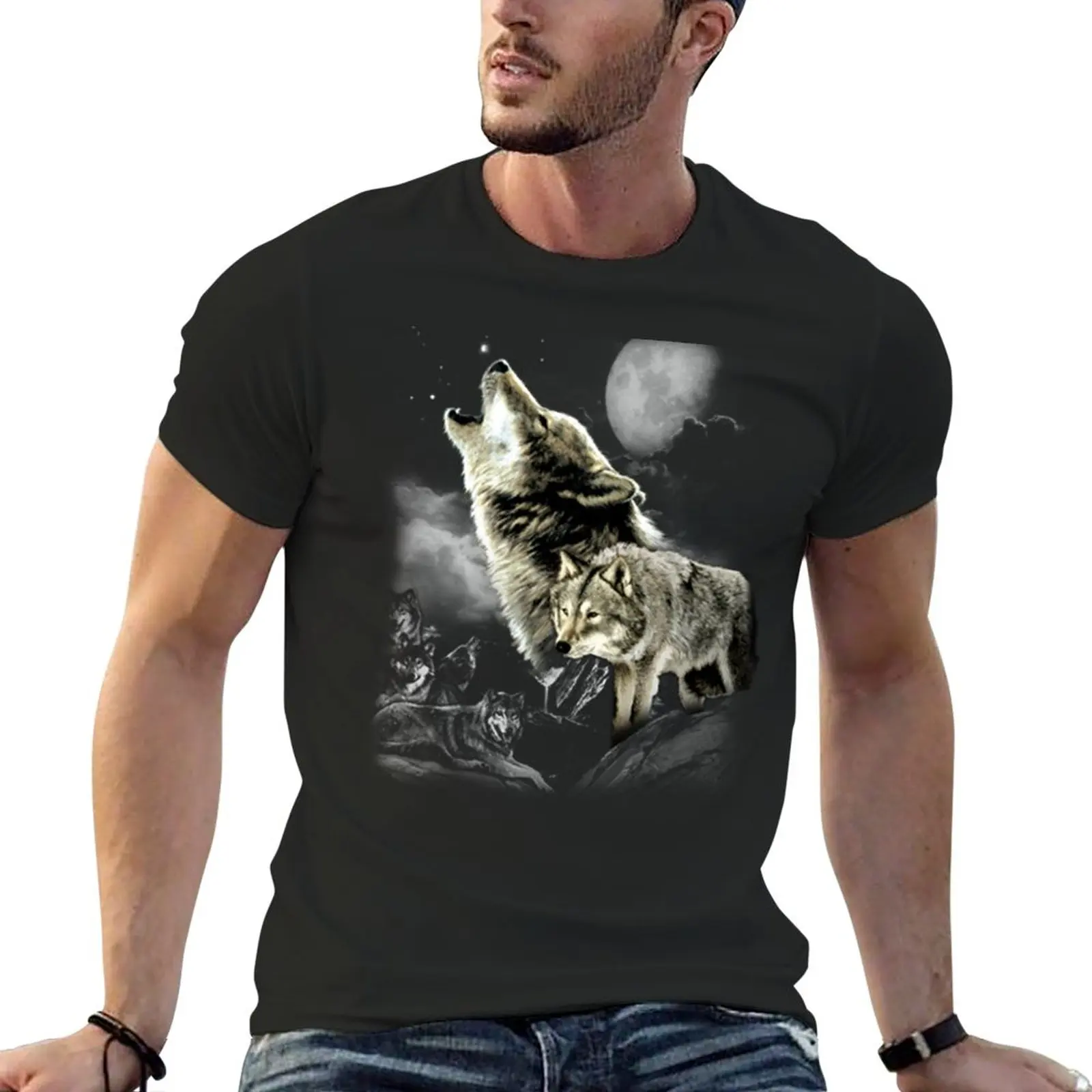 

Wolves Howling in Moonlight T-Shirt blank t shirts anime clothes quick drying shirt oversized t shirt mens cotton t shirts