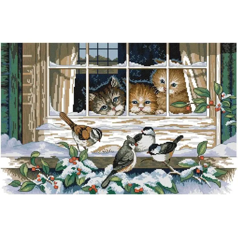 

Three Kittens and Birds NKF Animal Patterns Cross Stitch Set Needlework Aida 14CT 16CT 11CT White Canvas Printed Embroidery Kits