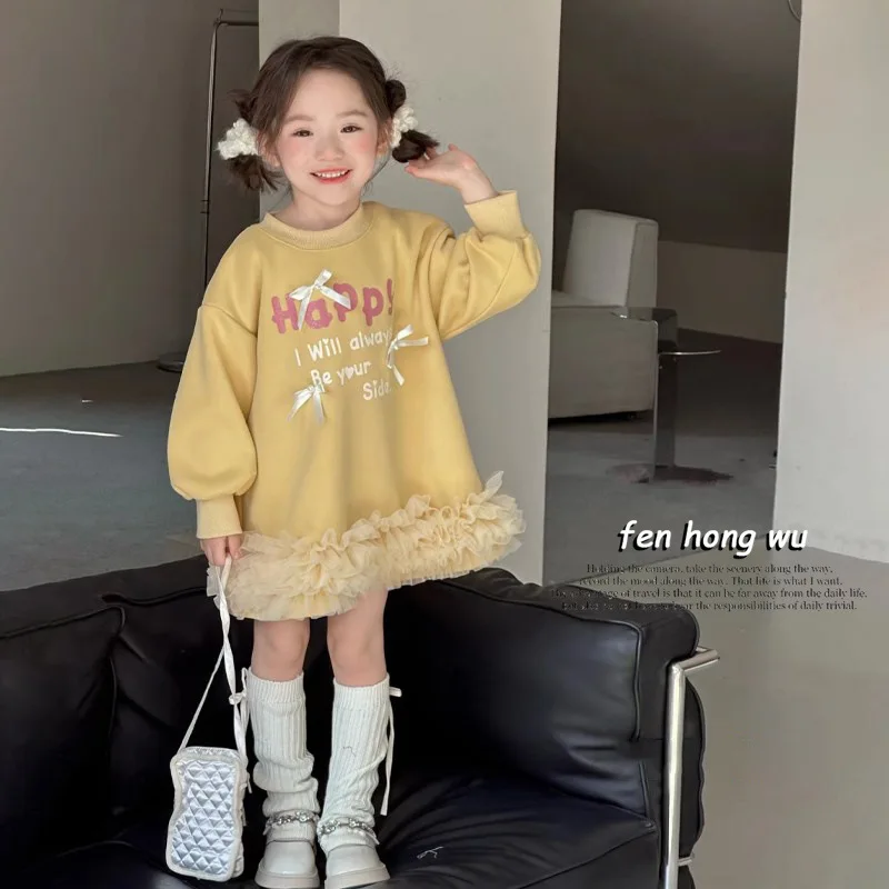 

Korean Girl's Fleece-Lined Dress Winter Sweet Letter Print Long Sleeve Patchwork Mesh Sweatshirt Dress