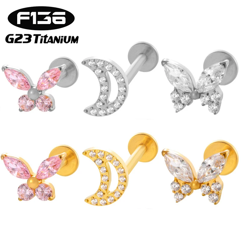 1PC G23 Titanium Ear Studs Internal Thread Flat Back CZ Moon Butterfly Labret Cartilage Tragus Stud Nose Piercing Body Jewelry