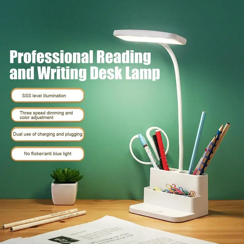 

LED Reading Lamp Rechargeable Bedside Light With Pen Holder And Cell Phone Stand 3 Lighting Modes Stepless Dimming Lamp For