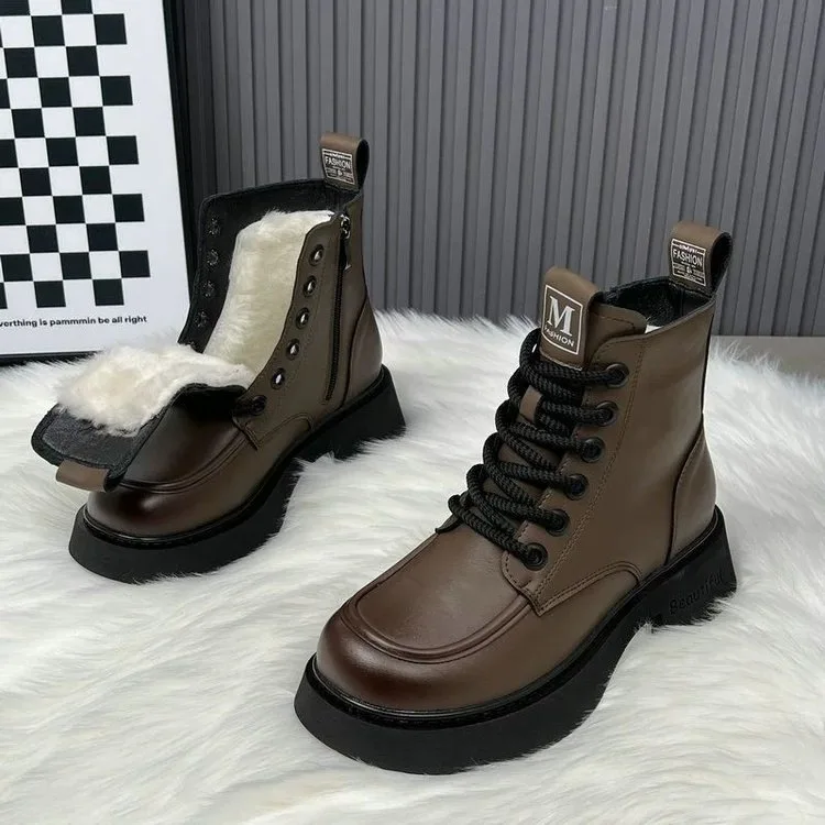 

Winter Women's Boots Thick Plush Warm Snow Boots Lace Up Ankle Boot Fashion Casual Leather Boots for Women High Top Cotton Botas