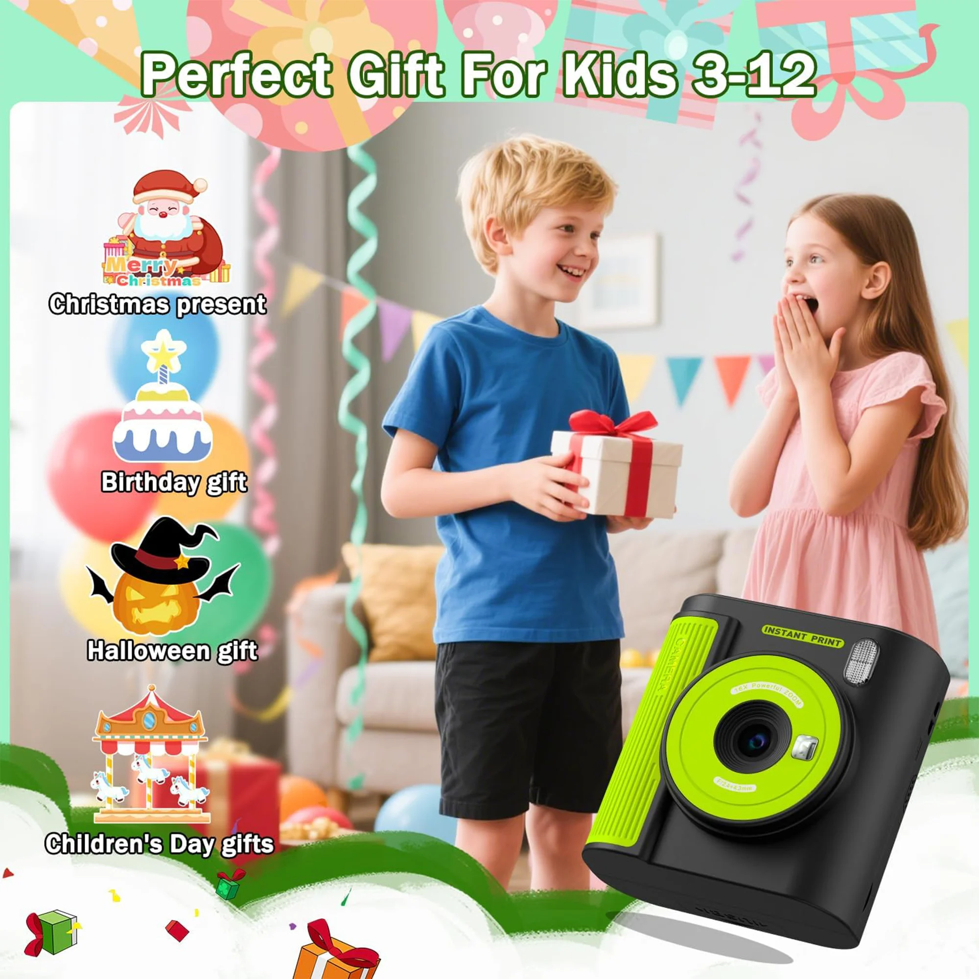 Câmera de impressão infantil INOCTI, câmera digital infantil, três papel de impressão e cartão 32G, para meninas meninos presentes de aniversário de Natal