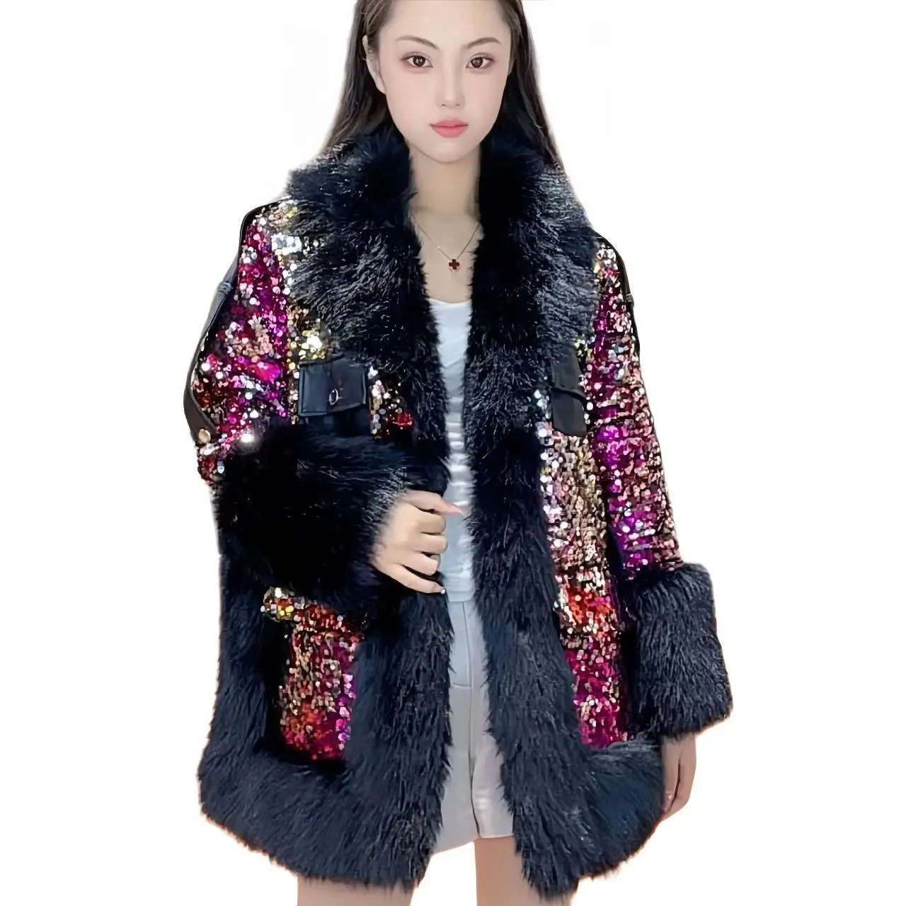 Faux Fur Coat for Women,Fur Collar,Spliced Overcoat,Covered Button Tops,Female Clothes, Warm,Luxury,New,Winter,2025