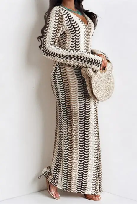 Robe à manches longues pour femmes, mode automne, blocage de couleur, épissage, imprimé géométrique, col en v, coupe cintrée, robe moulante aux hanches