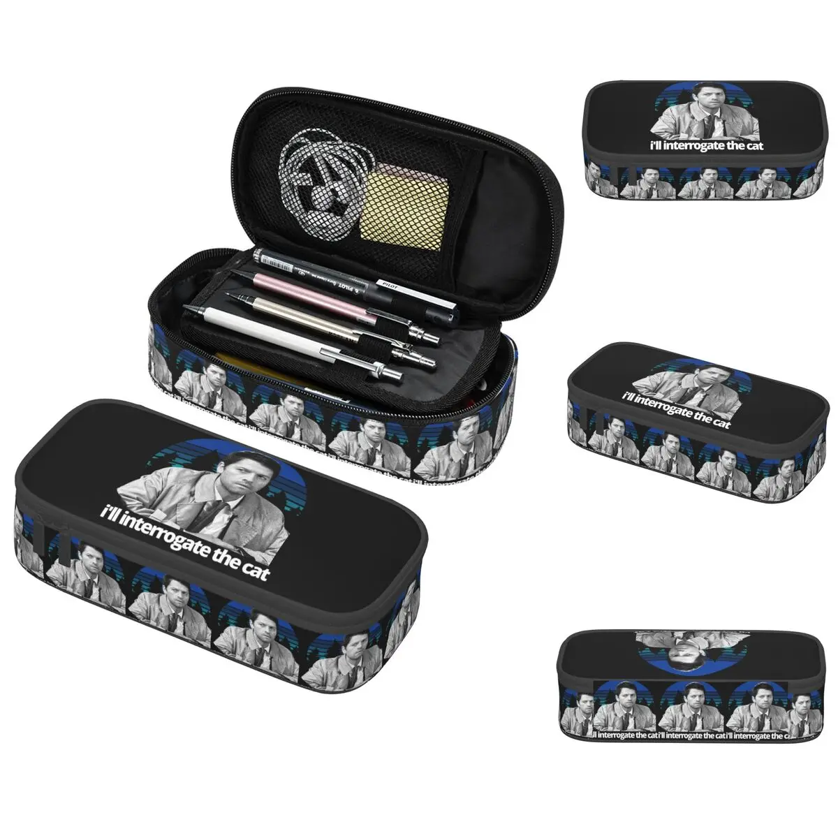 

Supernatural Castiel I'll Interrogate The Cat Pencil Case for Studen Gifts Pen Box Pencil Bag Stationery Supplies Pen Holder Bag