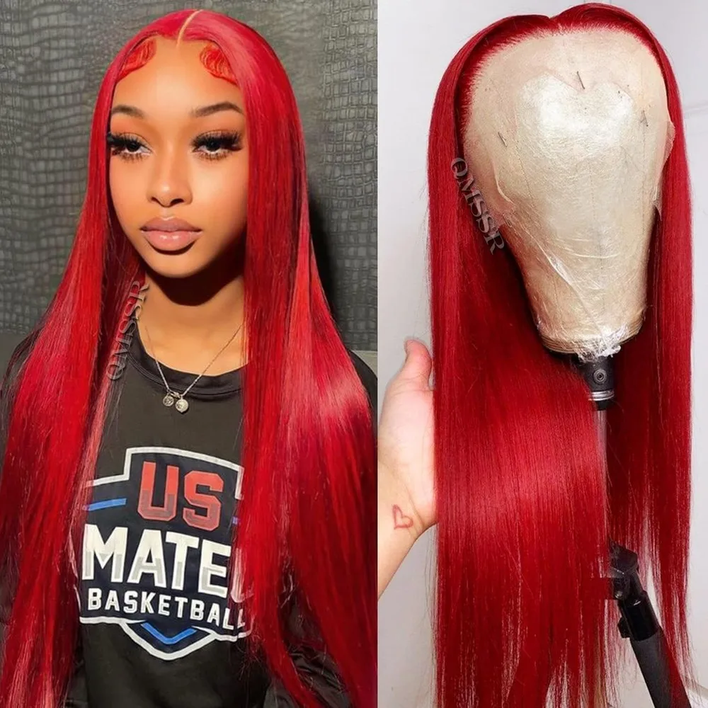 32 بوصة شعر أحمر الاصطناعية الدانتيل الجبهة الباروكات قبل قطعها شعر مستعار طبيعي طويل مستقيم