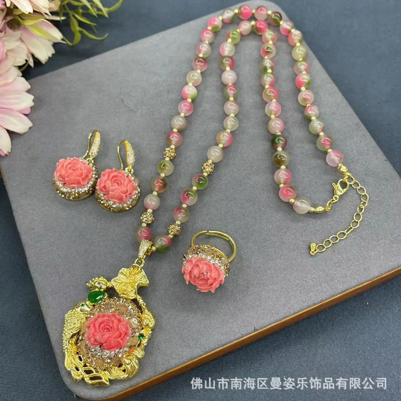 

New Peony Flower Three-piece Set Full of Crystal Design High-end Live Cross-border Jewelry Set Pendant Earrings Ring