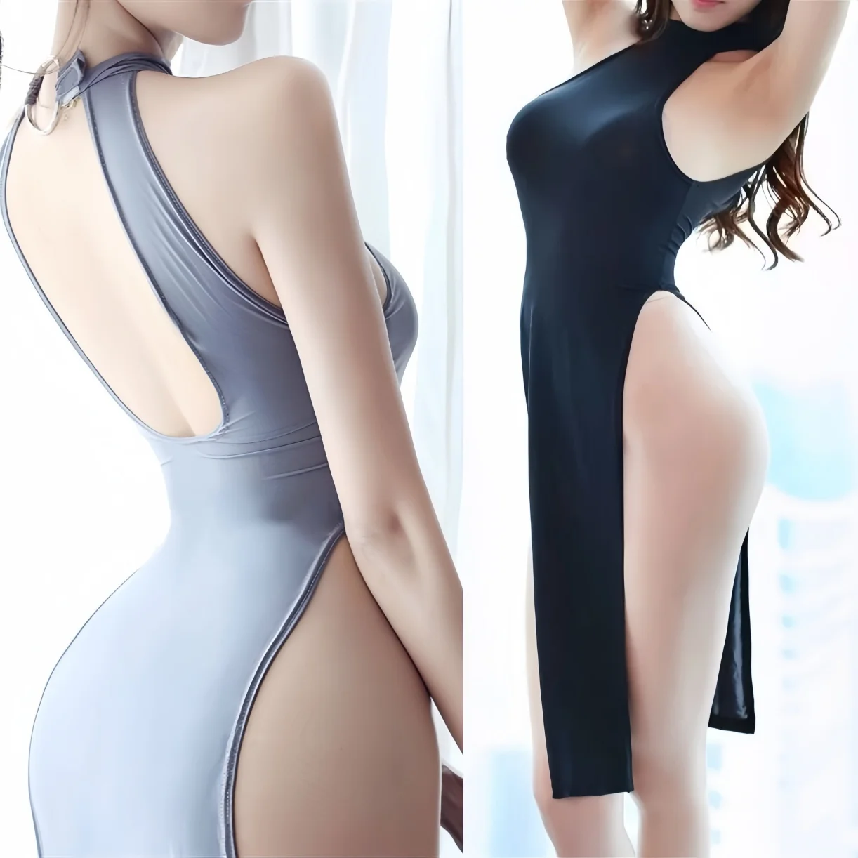 Women's Black Backless Sleeveless Bandage High Split silk Dresses sexy Bodycon Long Cheongsam Mini Dress plus size Spring Summer - view 5