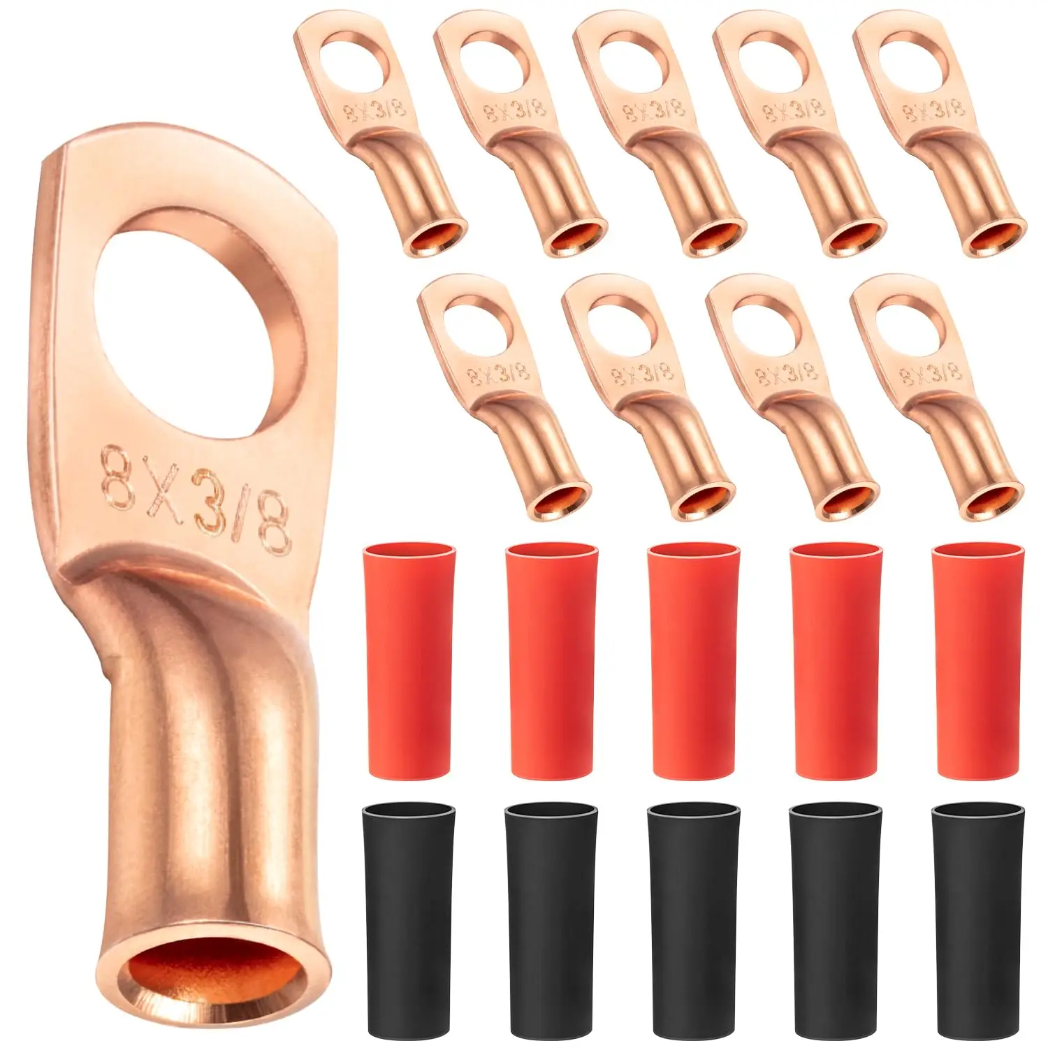 10pcs Copper Terminal Connectors Ring Lug Kit With Shrink Tubing  & Battery Cable Lugs AWG 1/0 2/0 2 4 6 8