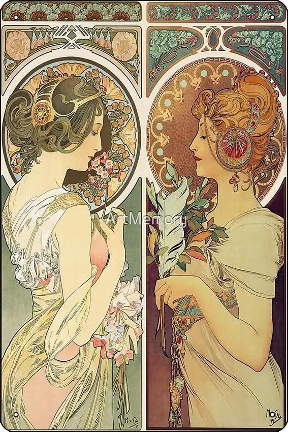 Alphonse Mucha - La Primevere & La Plume Poster Funny Metal Tin Sign for Home Kitchen Bar Room Garage Decor 8