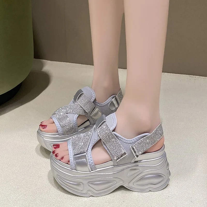 

8.5CM Platform Sandals Women Bling Wedge High Heels Summer Rhinestone Hook Loop Chunky Sandalias Beach Slippers Zapatos Mujer