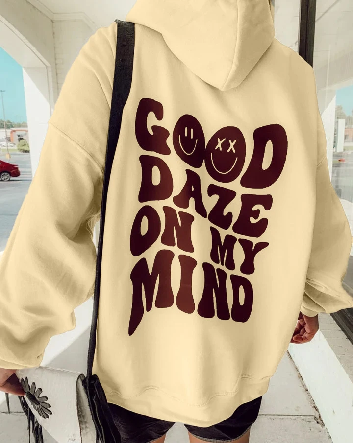 

GOOD DAZE ON MY MIND letter print hoodie, drawstring casual hooded sweatshirt for fall & spring, women's clothing