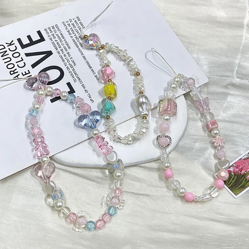 Korean Cute Charm Pink Butterfly Love Heart Phone Chain For IPhone Girl Women Jewelry Strap Beaded Lanyard Hanging Cord Bracelet