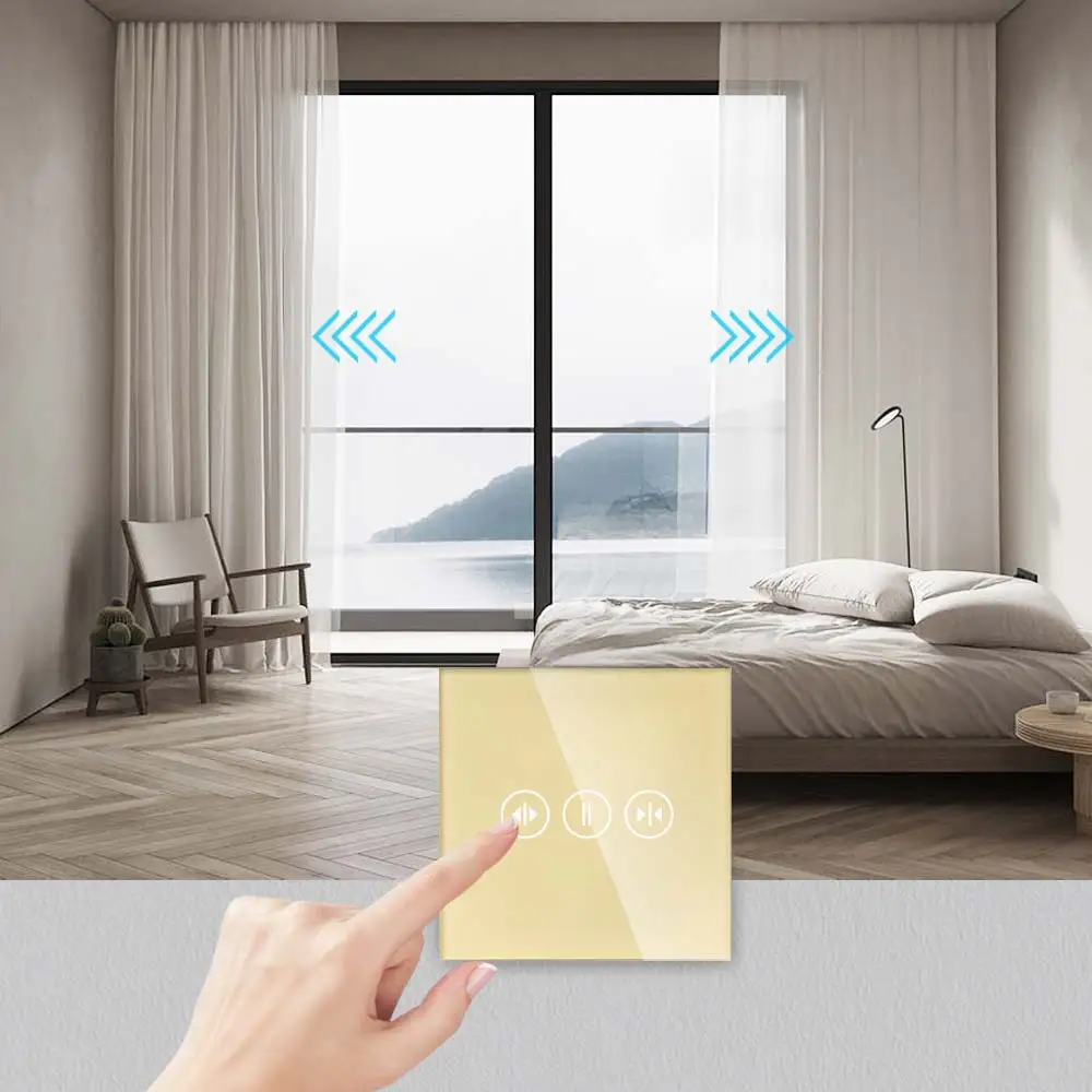 ENTUOIA Curtain Touch Switch EU Crystal Glass Panel LED Blue Backlight Motorized Roller Blinds Shutter Switch Need Neutral Wire