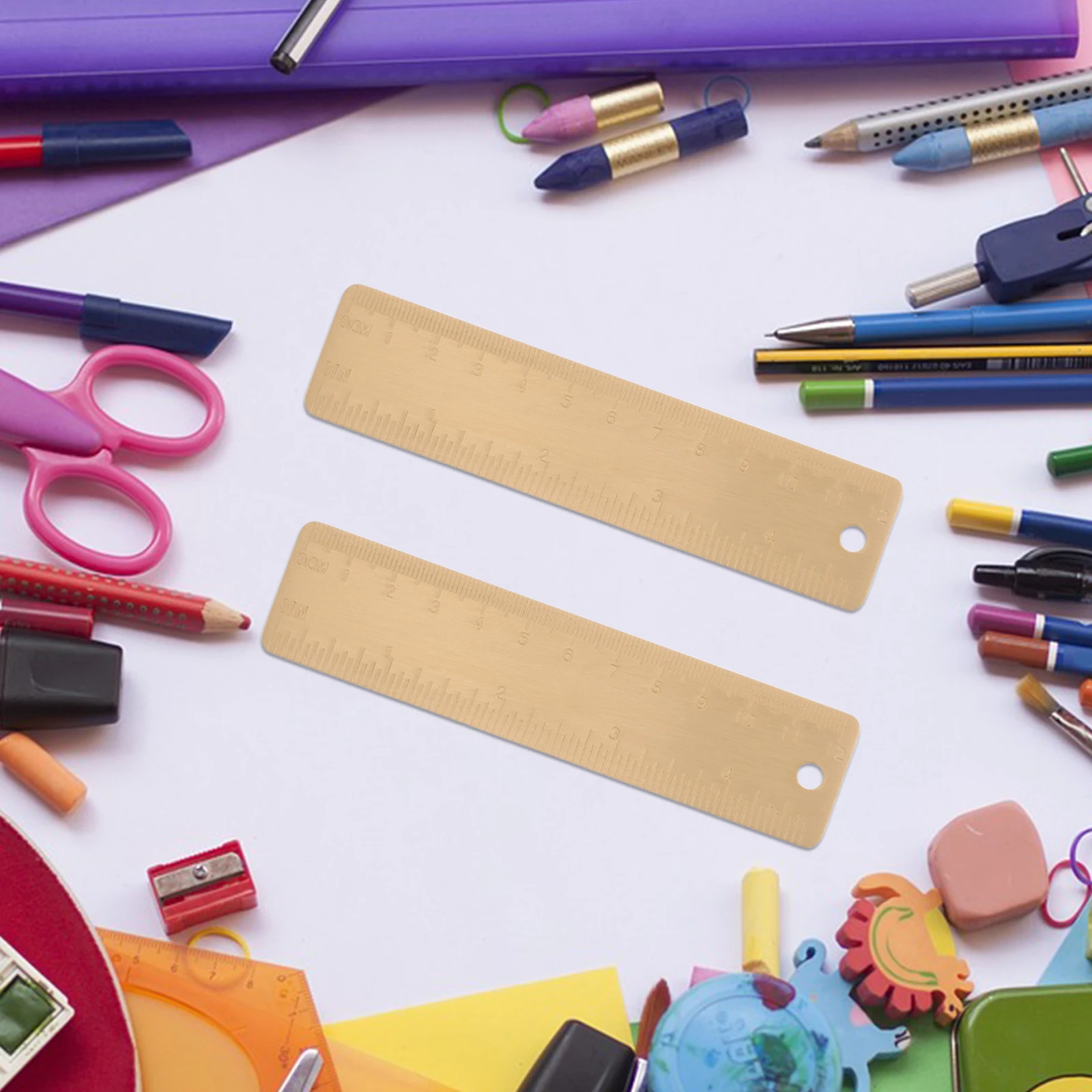 2 Pcs Ruler Brass Scale Metal Drawing Stationery Measuring with Cm Inch Cute Golden Architectural Student