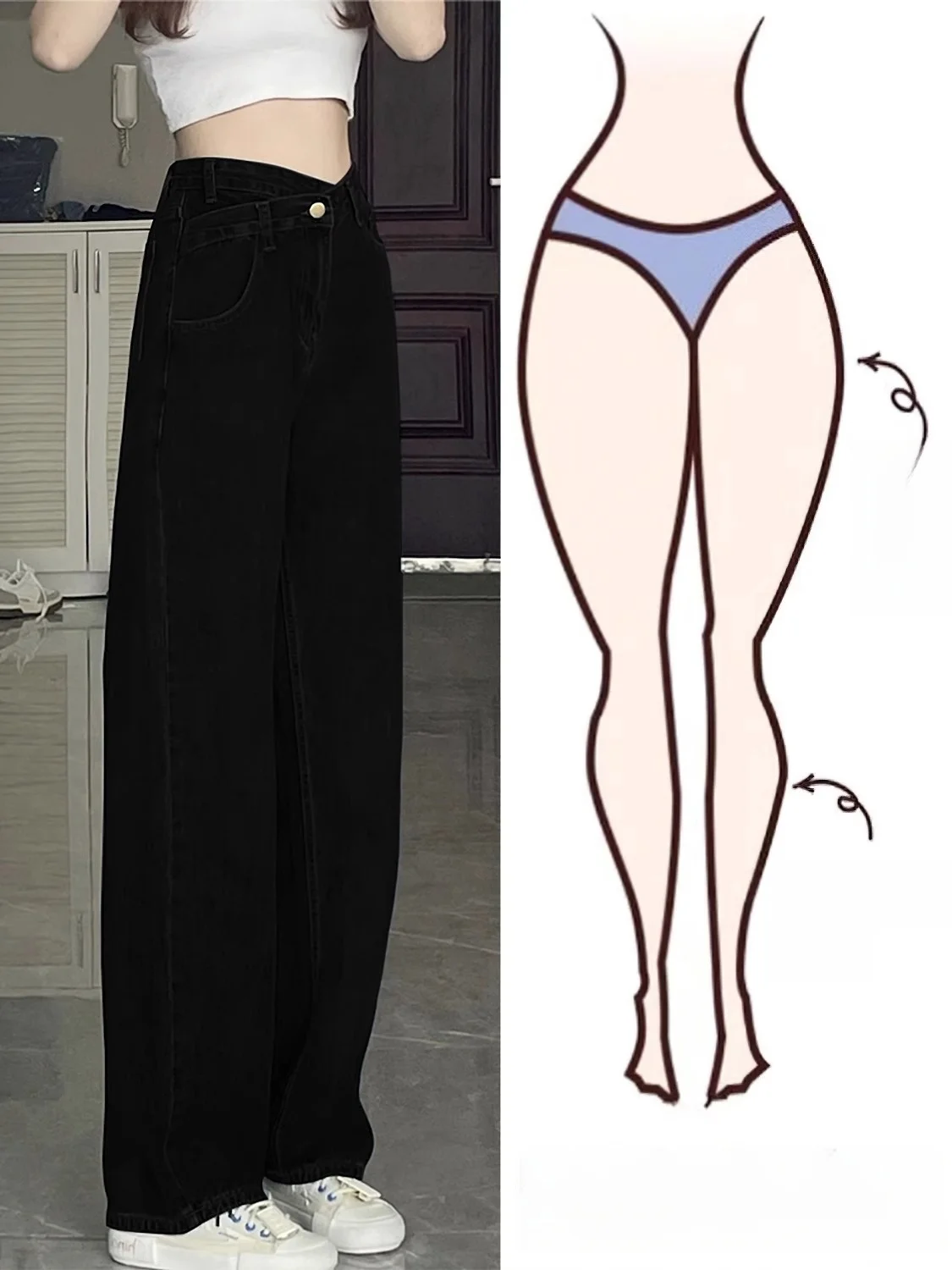 

Black Irregular Straight Leg Jeans Women's plus Size High Waist Slimming Wide Leg Pants Casual Style High Waist Jeans