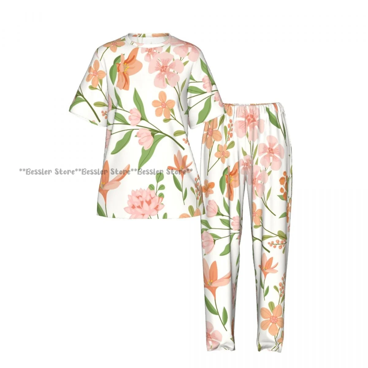 Women's Floral Peach Tones short sleeve trousers casual pajamas set