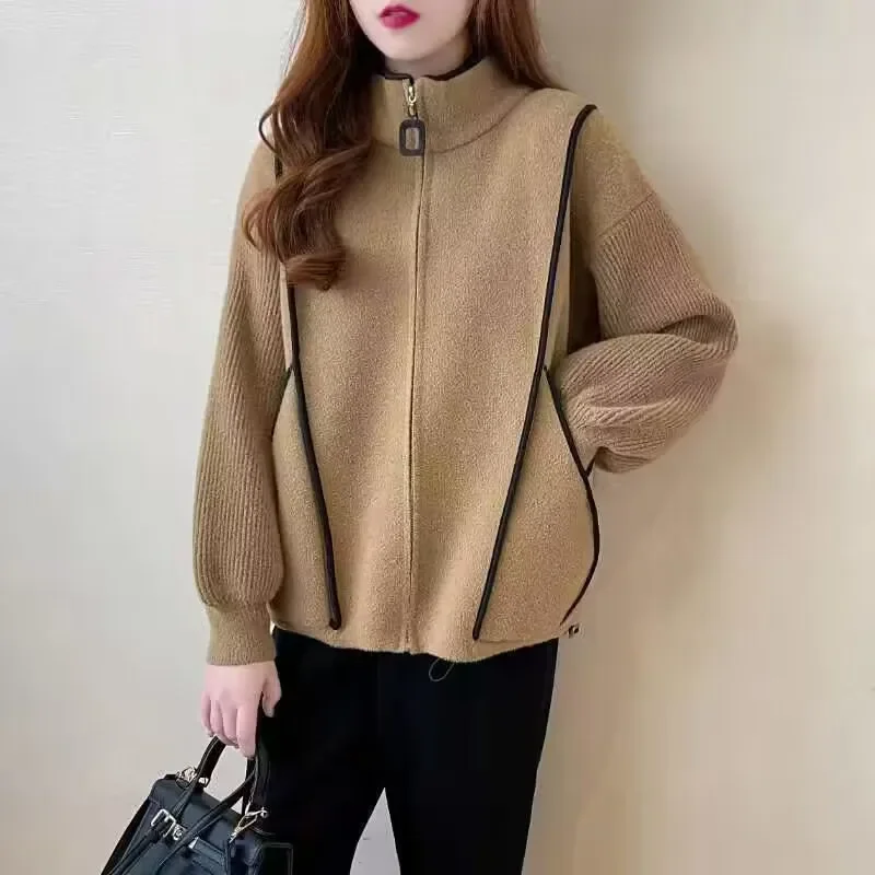 

Panelled Contrast Color Knitted Cardigan Stand Collar Zip Up Long Sleeve Sweater Coat 2024 Autumn Winter Warm Knitwear Jumper