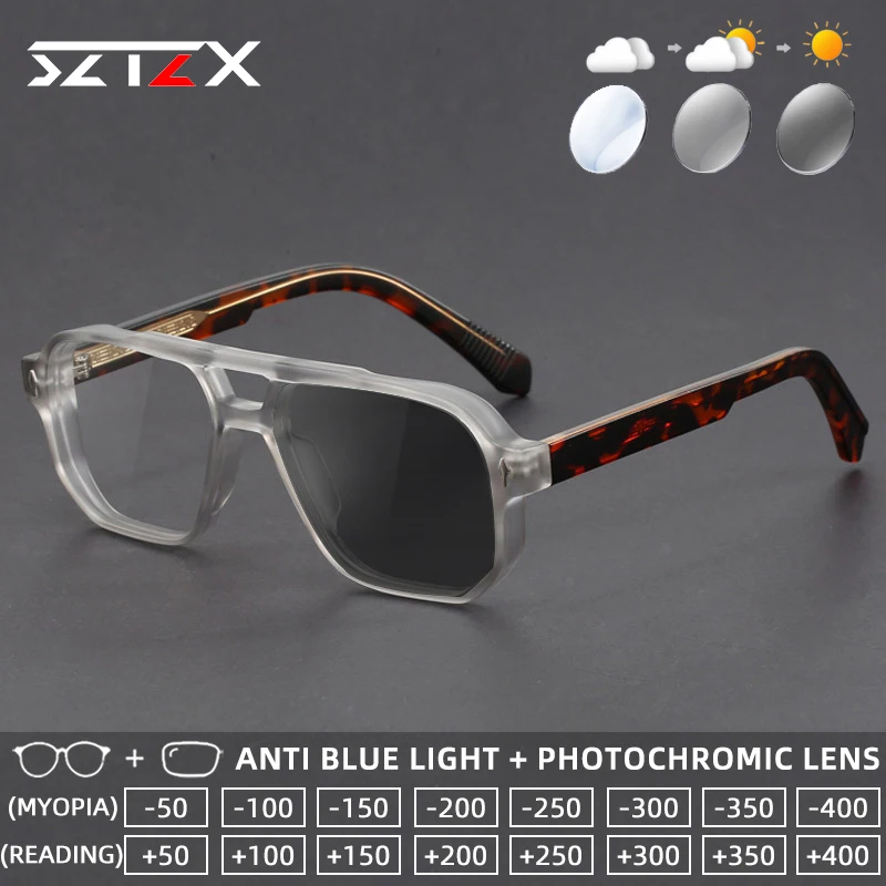 

SZTZX Fashion Casual Style Photochromic Blue Light Blocking Myopia Glasses Rectangle Progressive Prescription Reading Glasses