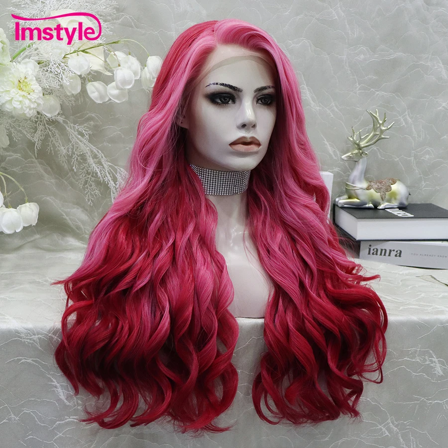 Imstyle-peluca larga sintética con malla frontal para mujer, cabellera ondulada Natural, color rosa degradado, fibra resistente al calor, para