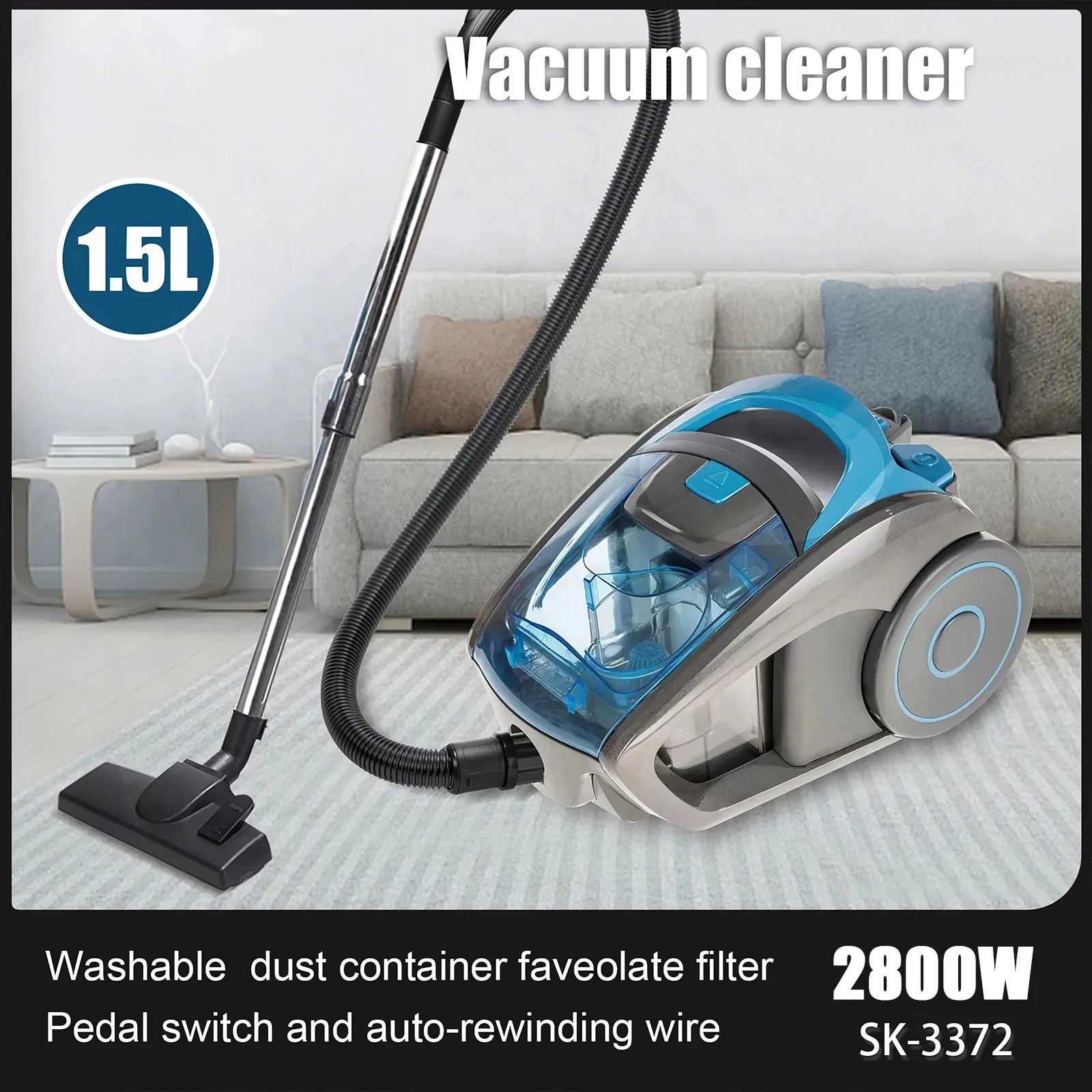 Aspiradora de recipiente sin bolsa de 2800W, filtración multiciclónica, aspiradora con cable para suelos duros, alfombras, pelo de mascota 15000PA