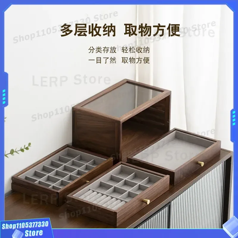 Retro Black Walnut Solid Wood Jewelry Box with Drawer for Ring Necklace Storage Exquisite Visual Skin Care Products Organizer