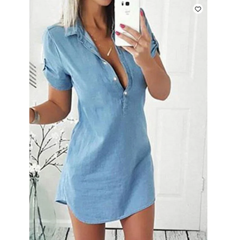 Cross-Border SaleswishIndependent Station Women's Denim Shirt Washed Women's Denim Dress Mid-Skirt