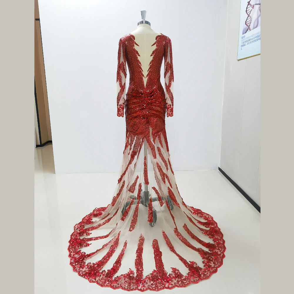 Robe de Rhsirène à paillettes pour femme, manches longues, tulle, rouge, fente latérale, sexy, soirée, tout ce que vous voulez, chérie, Icidal, luxe, 2024