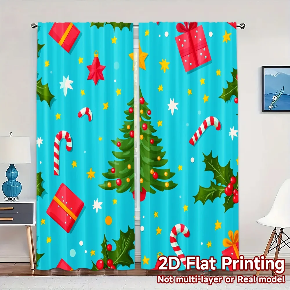 2pcs,Curtains Christmas Tree Gift Holly Star Popular Curtains&Window Treatment Yarn Curtains Room Decor Perfect for Bedroom,