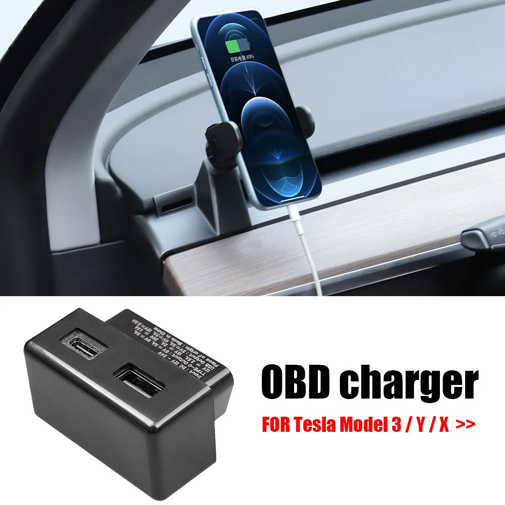 Car OBD Fast Charger USB Type-C Mobile Phone Charging Adapter OBD2 Car Fast Charging Splitter Adapter for Tesla Model 3 Y X