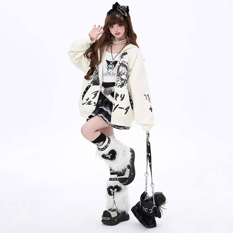 Harajuku Grunge Mode Goth Y2k Streetwear Druck Reiß verschluss Hoodie Mädchen Frauen Kleidung Langarm Anime Overs ize Hoodie weiblich