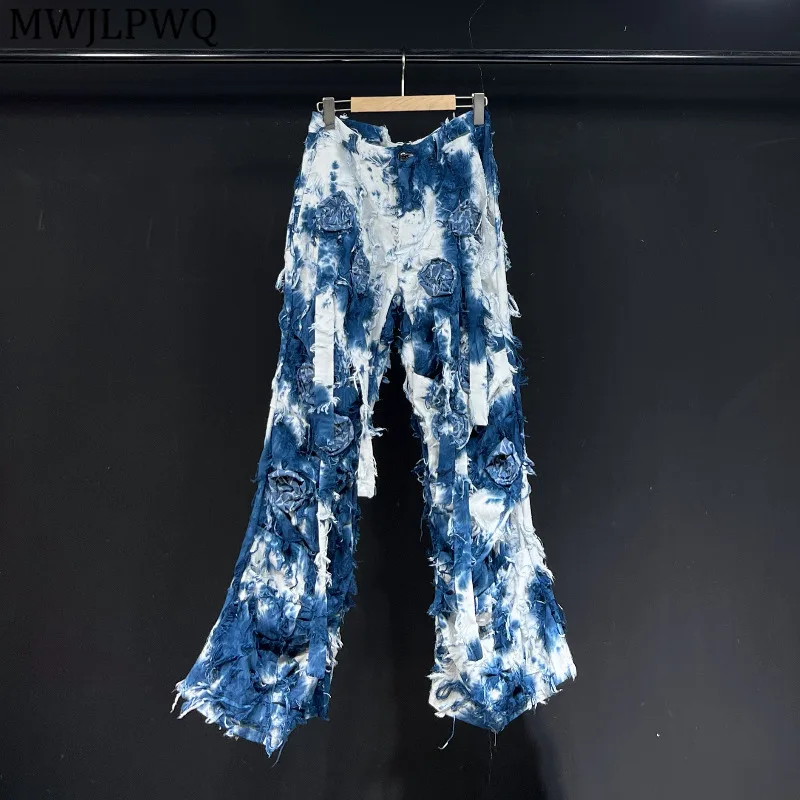MWJLPWQ Tie-Dye Design Blue Trousers Male High Street Flower Lace Up Autumn Loose Casual Unisex Flared Pants 2025 New 11651