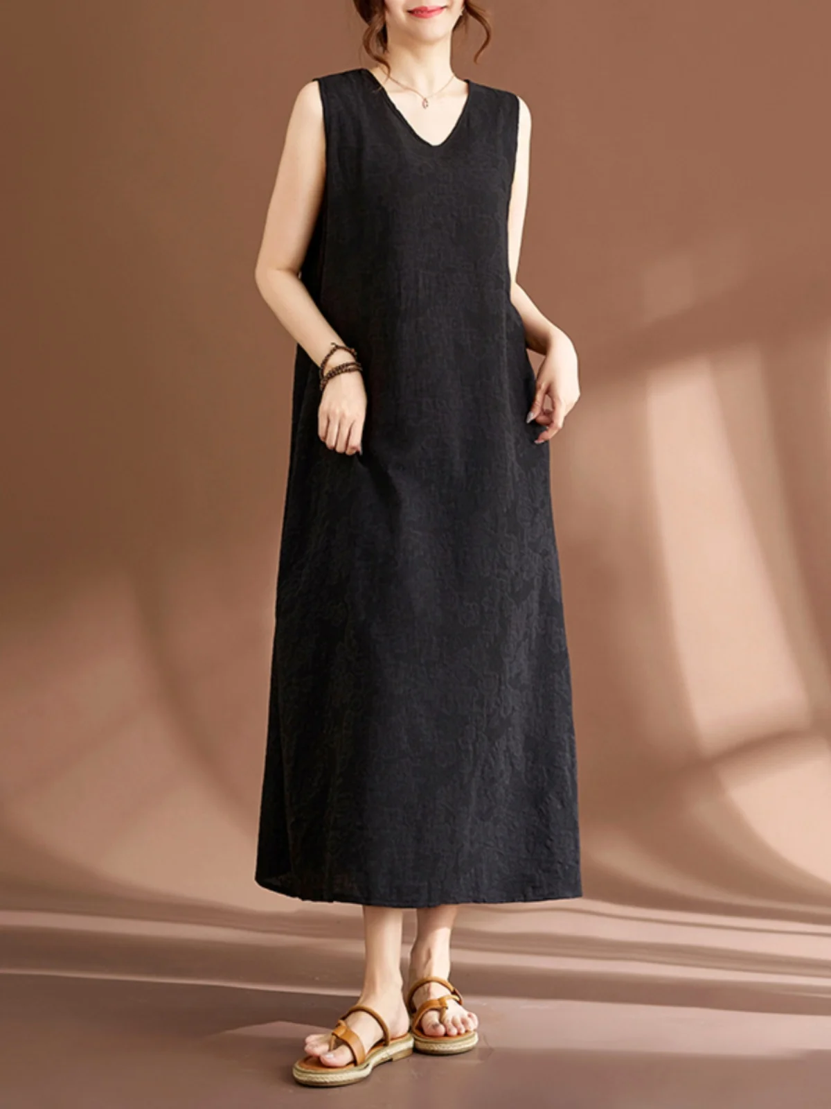 Slimming Effect Cotton Maxi Vest Dress Vintage Style Casual Loose Fit Women's Clothing High Waist A-Line Silhouette Long Skirt