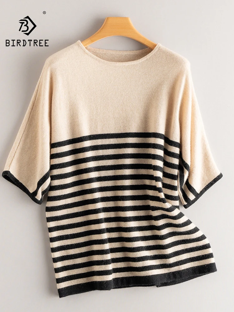 

BirdTree, 100%Pure Cashmere Elegant Sweater, Women Hald Sleeve Striped, French Loose Knit Sweater, 2024 Autumn Winter T47006QC