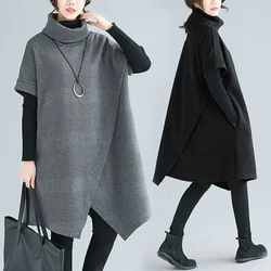 #0163 Black Grey Asymmetrical Dress Women Short Sleeves Loose Turtleneck Dress Ladies Knitting Cotton Thick Warm Autumn Winter