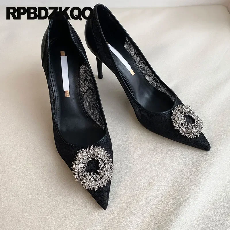 Pointed Toe Crystal Lace Mesh High Heels Plus Size 40 41 Pumps Thin Rhinestone Sexy Women Shoes Rhinestones Dress 33 34 Diamond